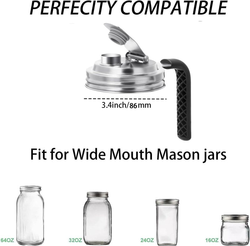 Wide Mouth Mason Jar Flip Pouring Spout Lids with Handle.Turns Mason Jar to Pitcher.Suitable for Drinking, Salad, Dressing Pouring, Leak-Proof (Wide Mouth with Handle)