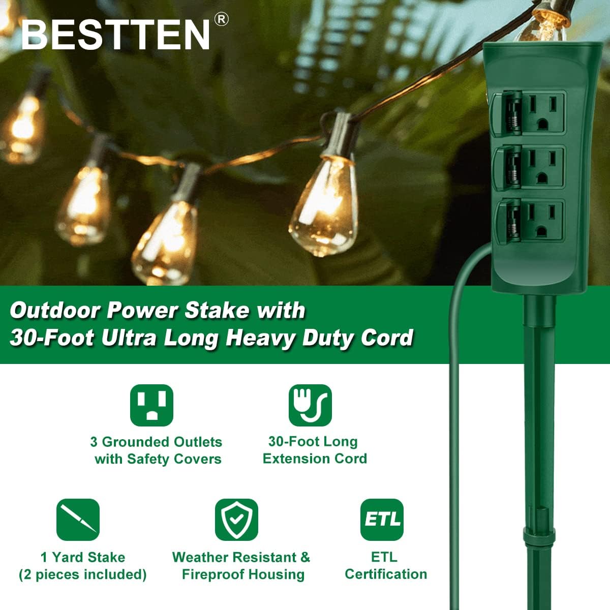 Outdoor Power Strip with Covers - 6-Outlet Yard Stake, 9ft Cord & Overload Protection