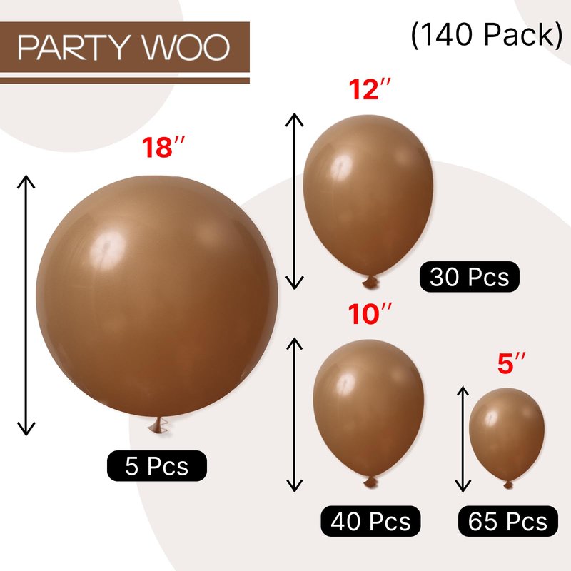 PartyWoo Brown Balloons 140 pcs Different Sizes of 18 12 10 5 Inch Neutral Brown Balloons Arch Kit Garland for Baby Shower Birthday Graduation Woodland Safari Theme Jungle Party Decorations Brown-F09
