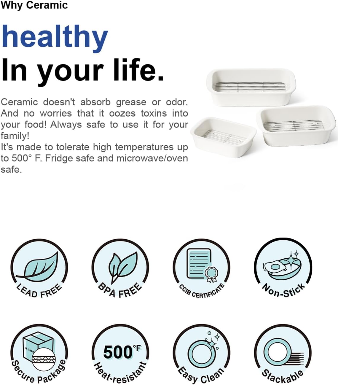 LE TAUCI Deep Casserole Dishes Set - 3-Piece Ceramic Baking Dish Set with Handles, White (4.6QT/3.0QT/1.6QT)