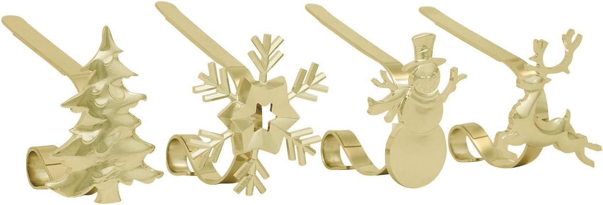 Gold MantleClip Stocking Holders Set - 4-Pack Removable ZINC Alloy Holiday Icons