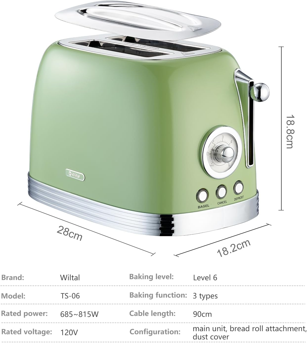 Wiltal Green Retro 2-Slice Toaster - 1.58" Wide Slots, Stainless Steel Lid, Warming Rack & Countdown Timer