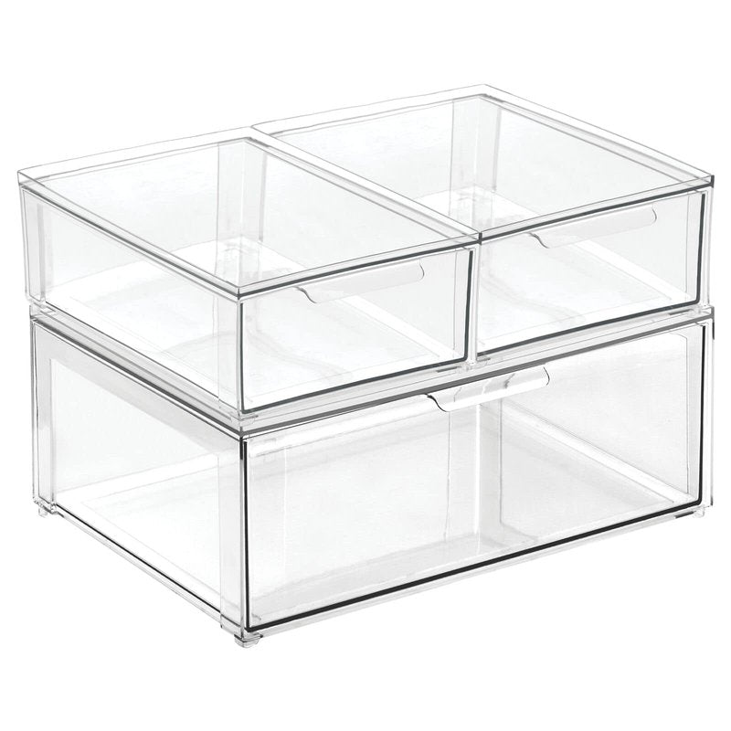 mDesign Plastic Stackable Closet Storage Organizer Bin Containers with Front Pull Drawer for Cabinet, Desk, Shelf, Cupboard, or Dresser Organization - Lumiere Collection - Set of 3 - Clear