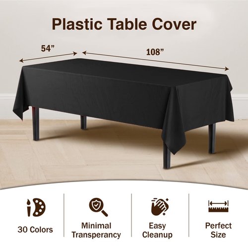Exquisite Party Solids 6-Pack Premium Plastic Tablecloth 54in. x 108in. Rectangle Plastic Table Cover - Black