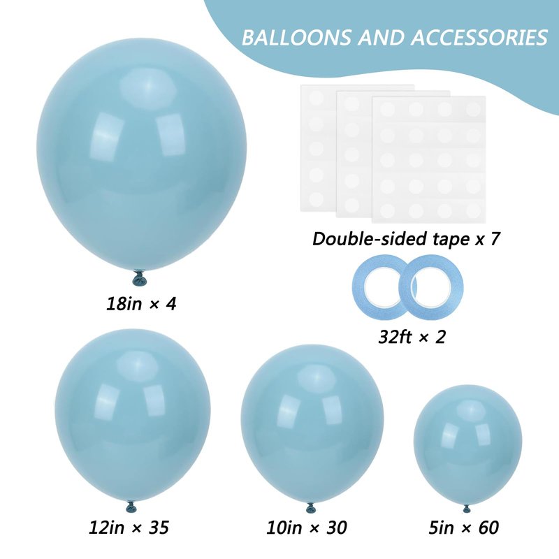 RUBFAC 129pcs Dusty Blue Balloons Different Sizes 18 12 10 5 Inch Latex Haze Blue Balloon Garland Arch for Party Decoration Birthday Wedding Engagements Anniversary Baby Shower Party Supplies