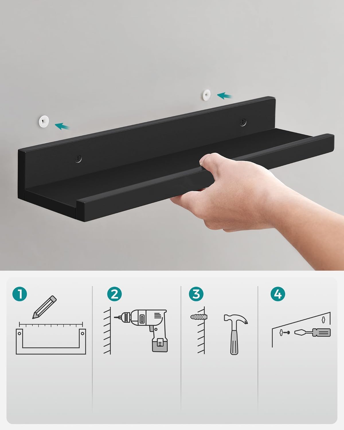 SONGMICS Floating Shelves - Set of 3 Stylish 15-Inch Wall Shelves for Home Decor | Black
