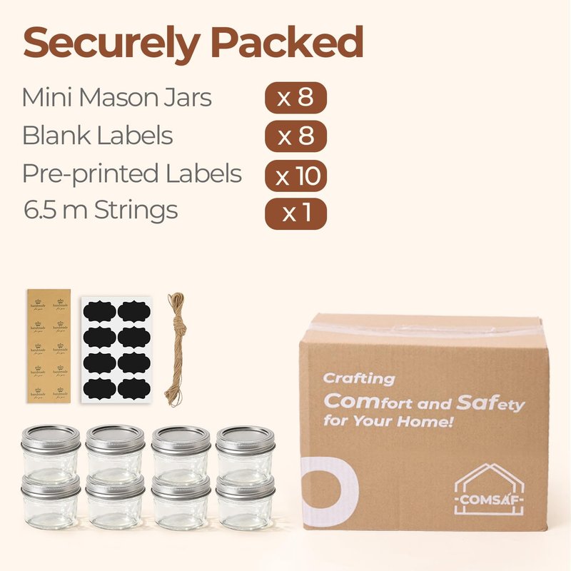 ComSaf Mini Mason Jars 4oz - 8 Pack, Regular Mouth Mason Jar with Lids and Seal Bands, Small Glass Canning Jar for Spice, Jam, Honey, Jelly, Dessert, Shower Wedding Favors, DIY Candles Decor