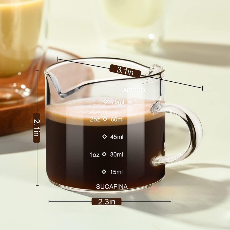 PARACITY Espresso Cup with Handle set of 2, Double Spout Glass Measuring Cup with Dual Scale, Espresso Shot Glass with V-Shaped Mouth, Clear Glass Milk Frothing Pitcher, Espresso Accessories