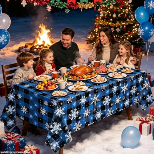 4 Pack Christmas Checkered Snowflake Tablecloths Blue & Black Buffalo Plaid 51 x 86"