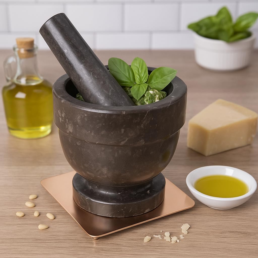 Natural Charcoal Marble Mortar & Pestle β Handcrafted Stone Grinder for Spices, Herbs & Kitchen Essentials (5.9β Diameter)