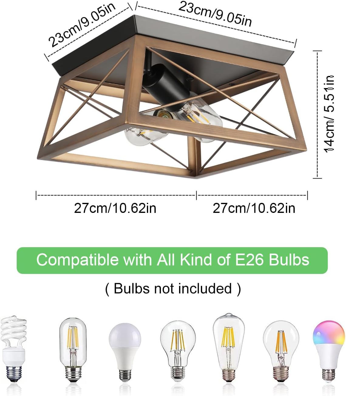Farmhouse Flush Mount Ceiling Light Oak White Ceiling Light Fixtures 2-Light Industrial Vintage Metal-Framed Ceiling Lighting for Hallway Foyer Kitchen Dining Room Bedroom Living Room Laundry
