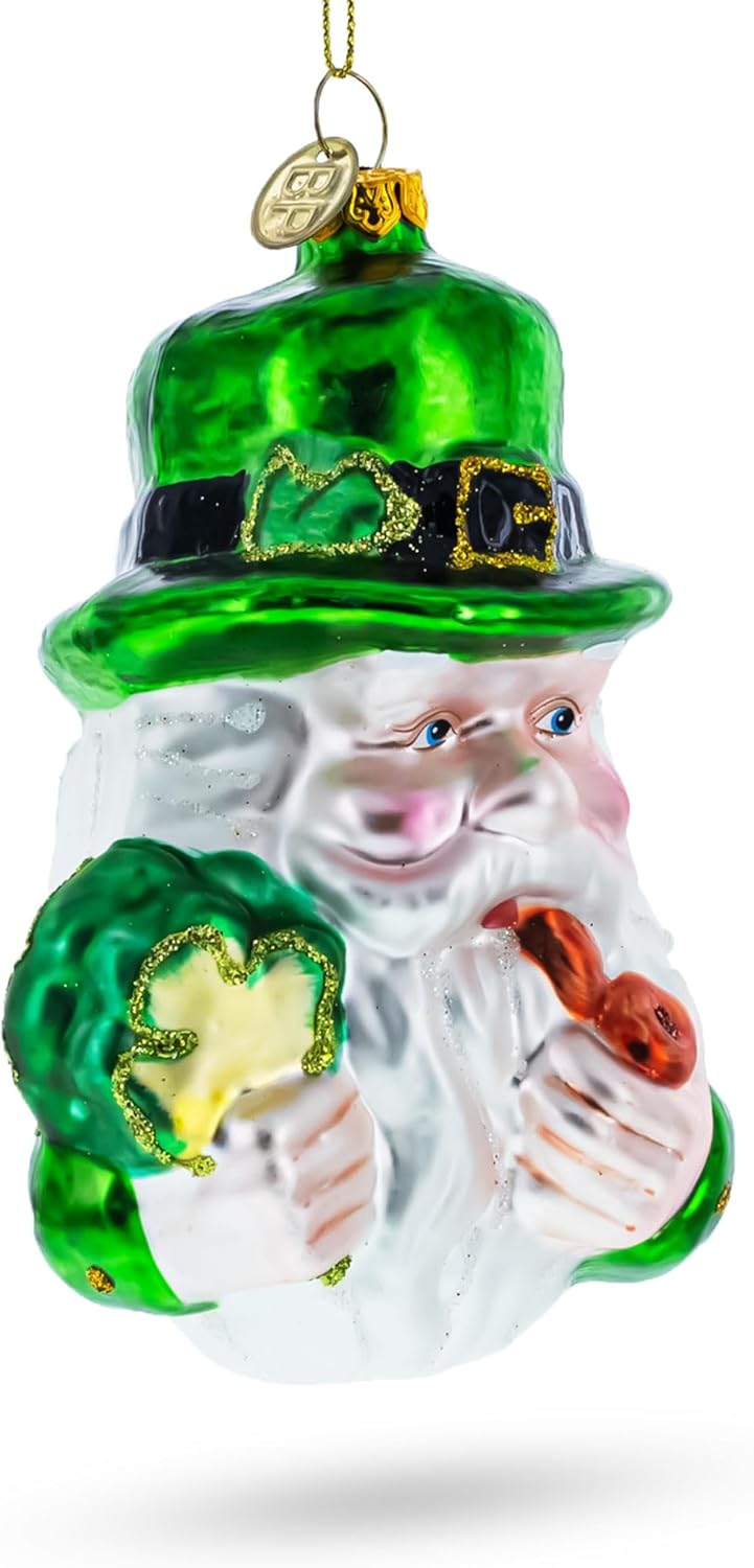 Irish Santa Christmas Ornament with Shamrock & Pipe - Festive Holiday Decor