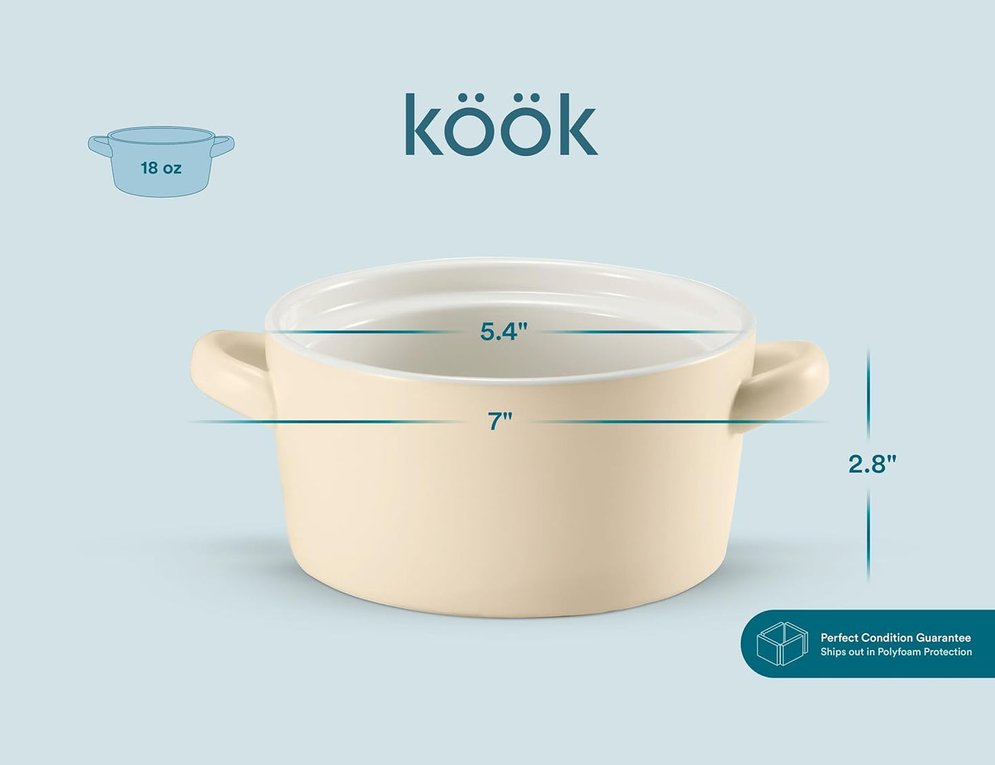 Kook Ceramic Soup Crocks - Stackable Bowls for Casserole & Pasta | Oven, Microwave & Dishwasher Safe, 18 oz, Set of 4 (Ivory)