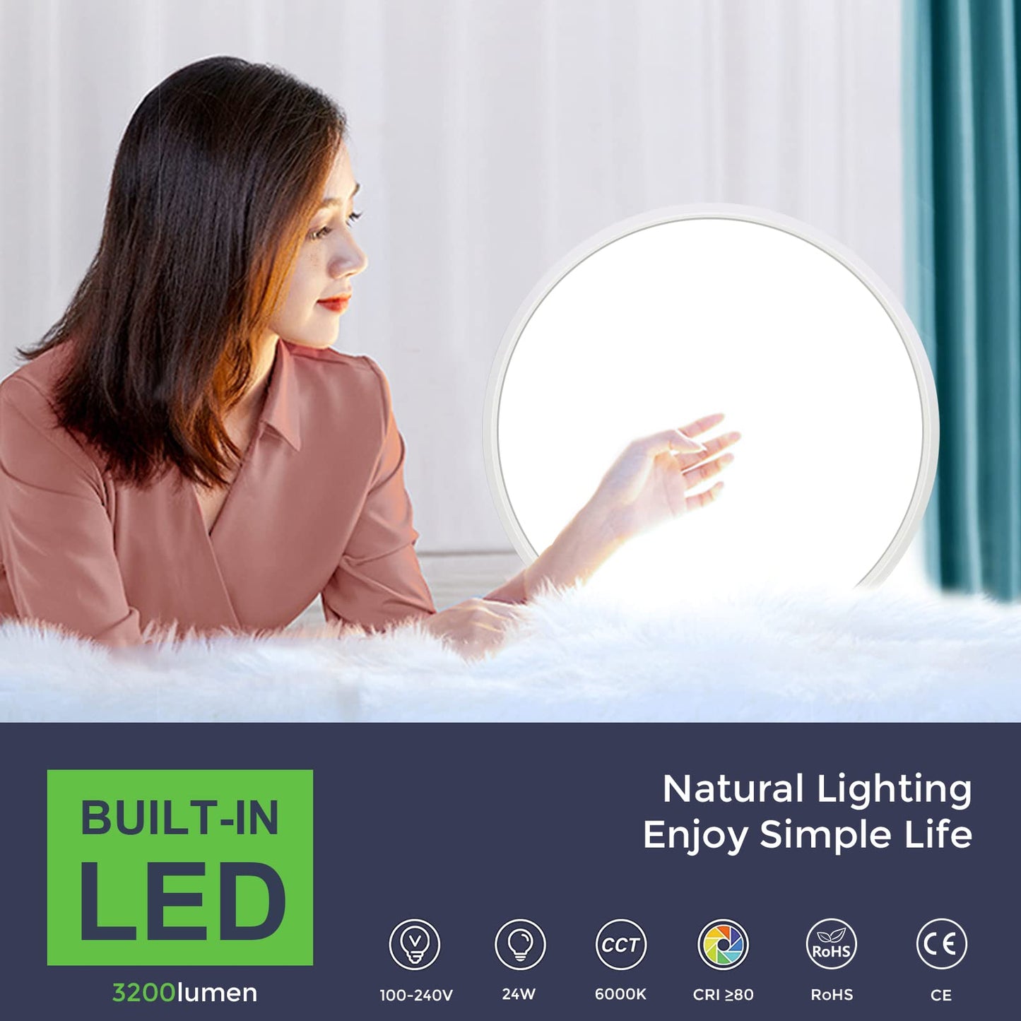 LightingWill 12 Inch LED Flush Mount Ceiling Light Fixture, 6000K Cool White, 3200LM, 24W, Flat Modern Round Lighting Fixture, 240W Equivalent White Ceiling Lamp for Kitchens, Bedrooms.etc.