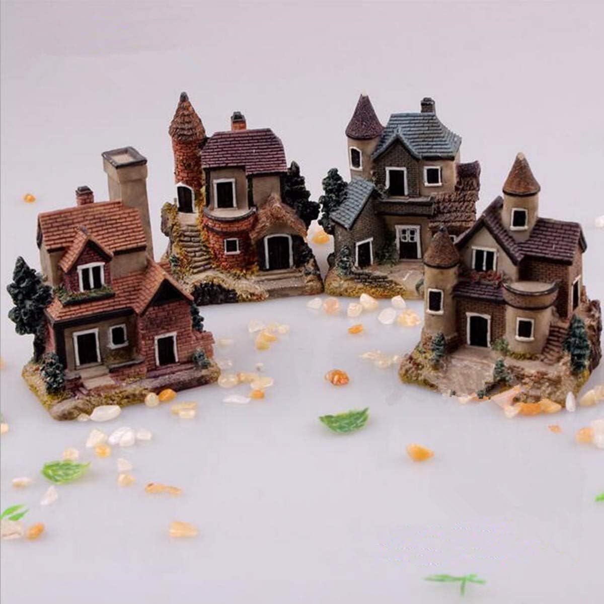 Skiennix Miniature House Fairy Garden Ornaments - 4PCS Resin Stone Village Decor for Terrariums