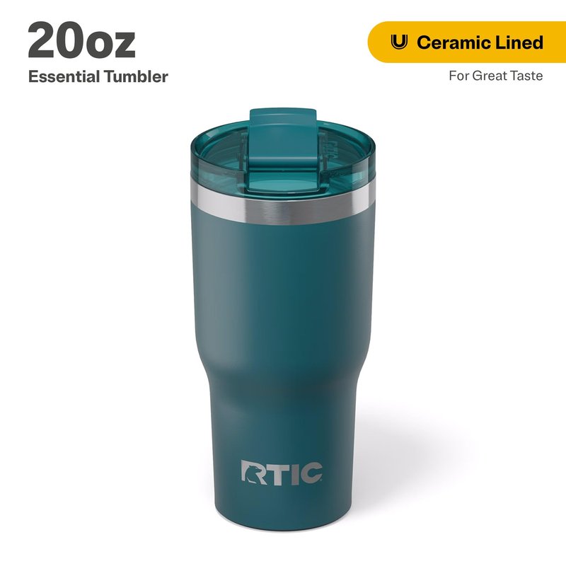 RTIC 20oz Essential Tumbler with Lid, Ceramic Lined, Insulated, Stainless Steel, Metal, Double Wall Vacuum-Insulation, Travel Cup for Iced Coffee, Tea, Hot and Cold Drink, Deep Harbor
