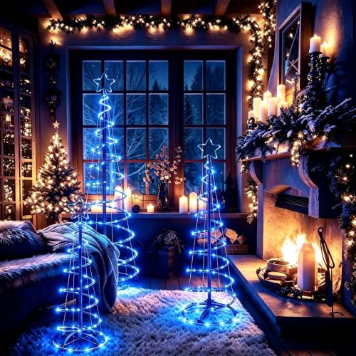 FLAGLY Blue 3-4-5FT Lighted Christmas Spiral Trees Set with Stakes – Indoor & Outdoor Holiday Decor