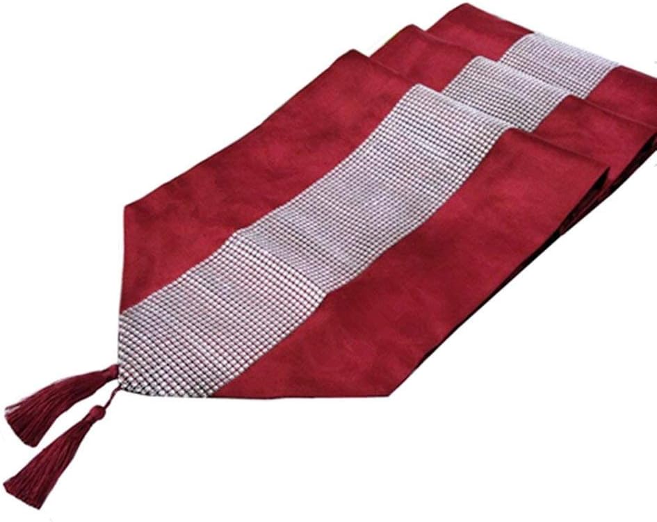 Red 13x72 Inch Table Runner with Diamante Strip & Tassels - Elegant Home Decor