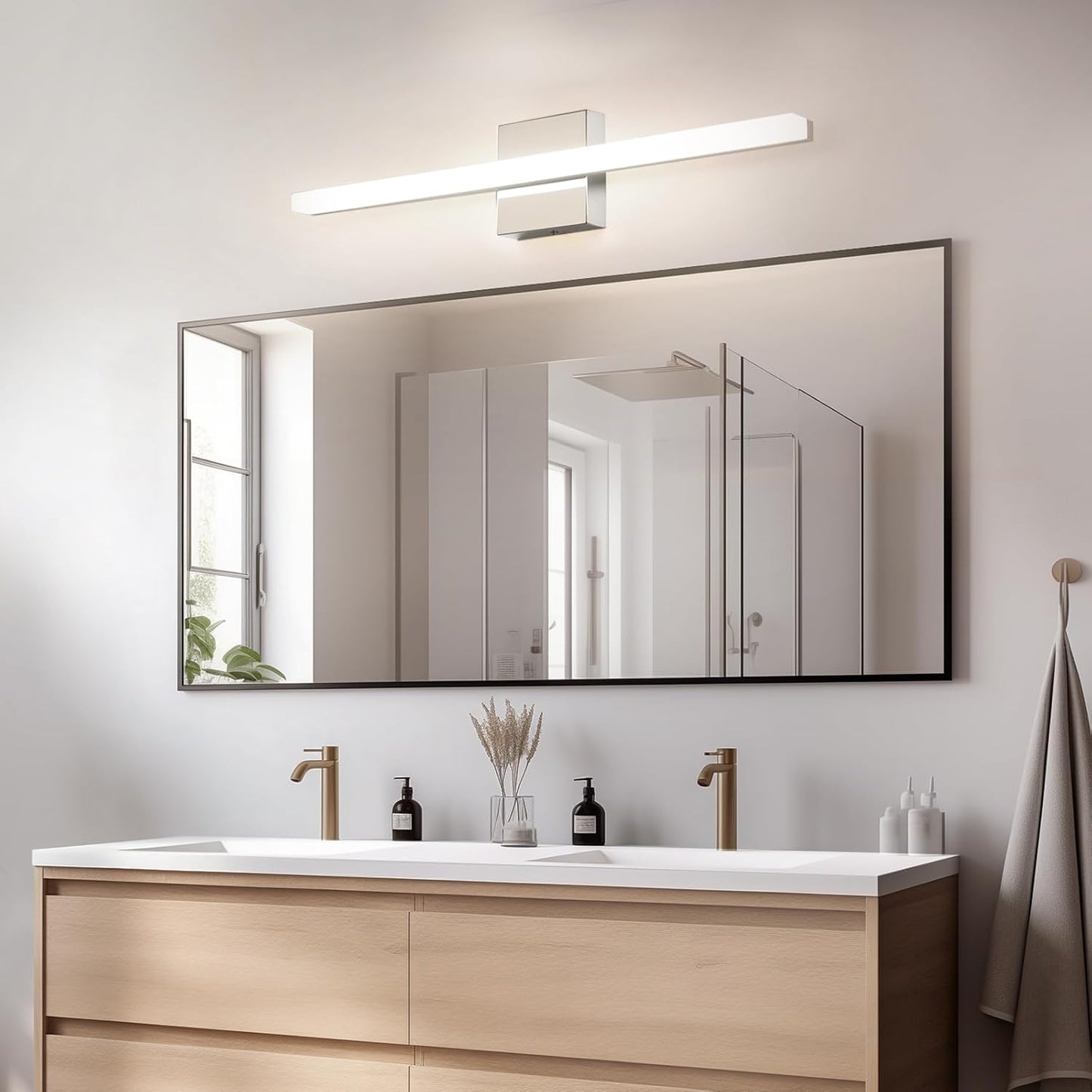 Combuh 24-Inch LED Bathroom Vanity Light Bar 14W IP44 Chrome Over Mirror Lighting Fixture Indoor Modern Bright White 4000K