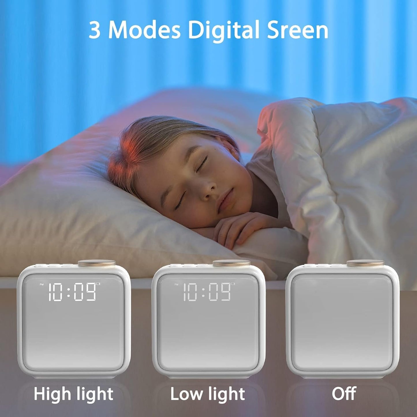 Samshow Alarm Clocks for Bedrooms,Loud Alarm Clock for Heavy Sleepers Adults, 15-180 Mins Sleep Aid,6 Wake up Sounds,10 Colors Night Light,Dynamic RGB Color, White