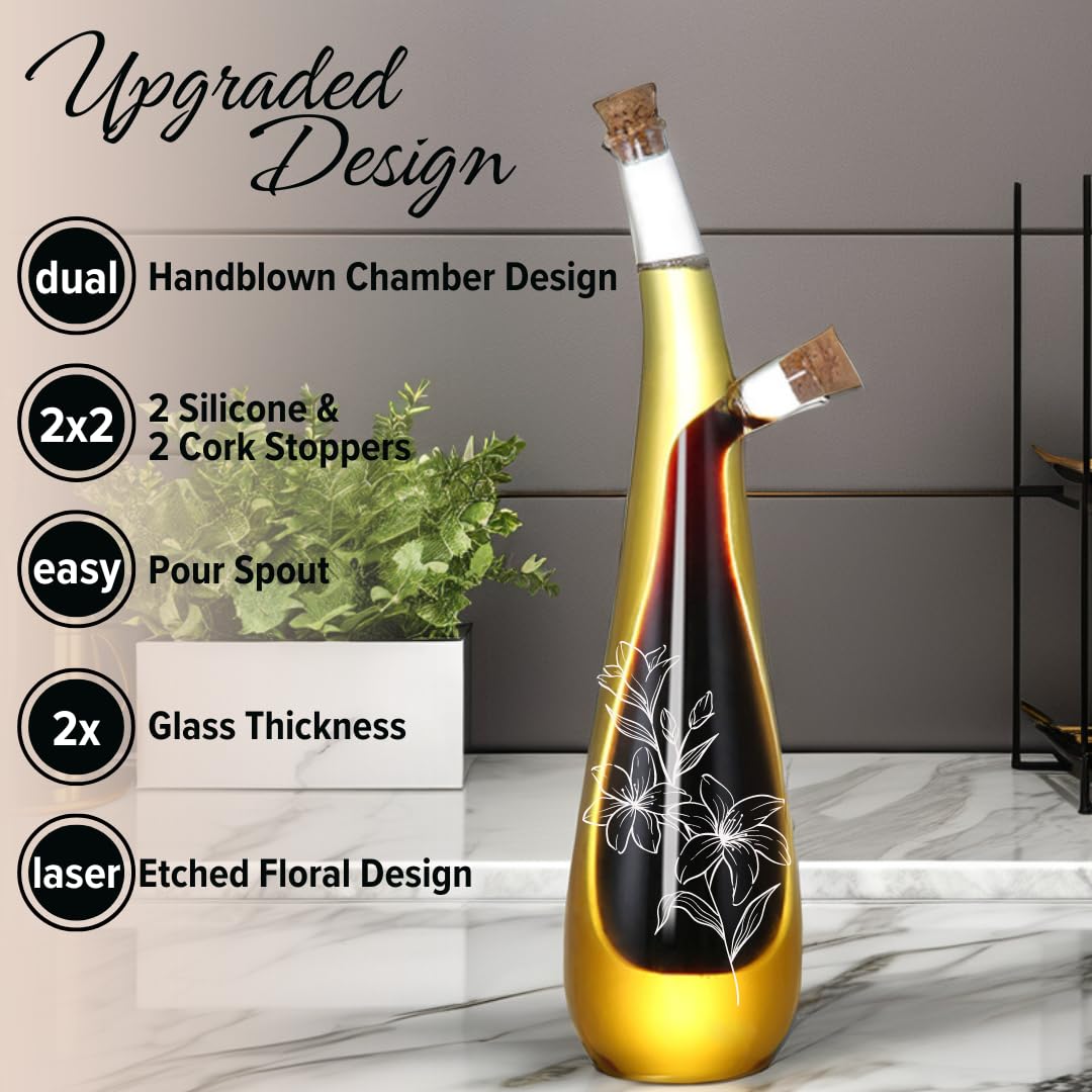 wishamotherwould 2 in 1 Glass Olive Oil Dispenser Bottle - Beautiful & Elegant Floral Etched Design - Premium Glass Salad Dressing Bottle - Olive Oil and Vinegar Dispenser Set - 12 oz