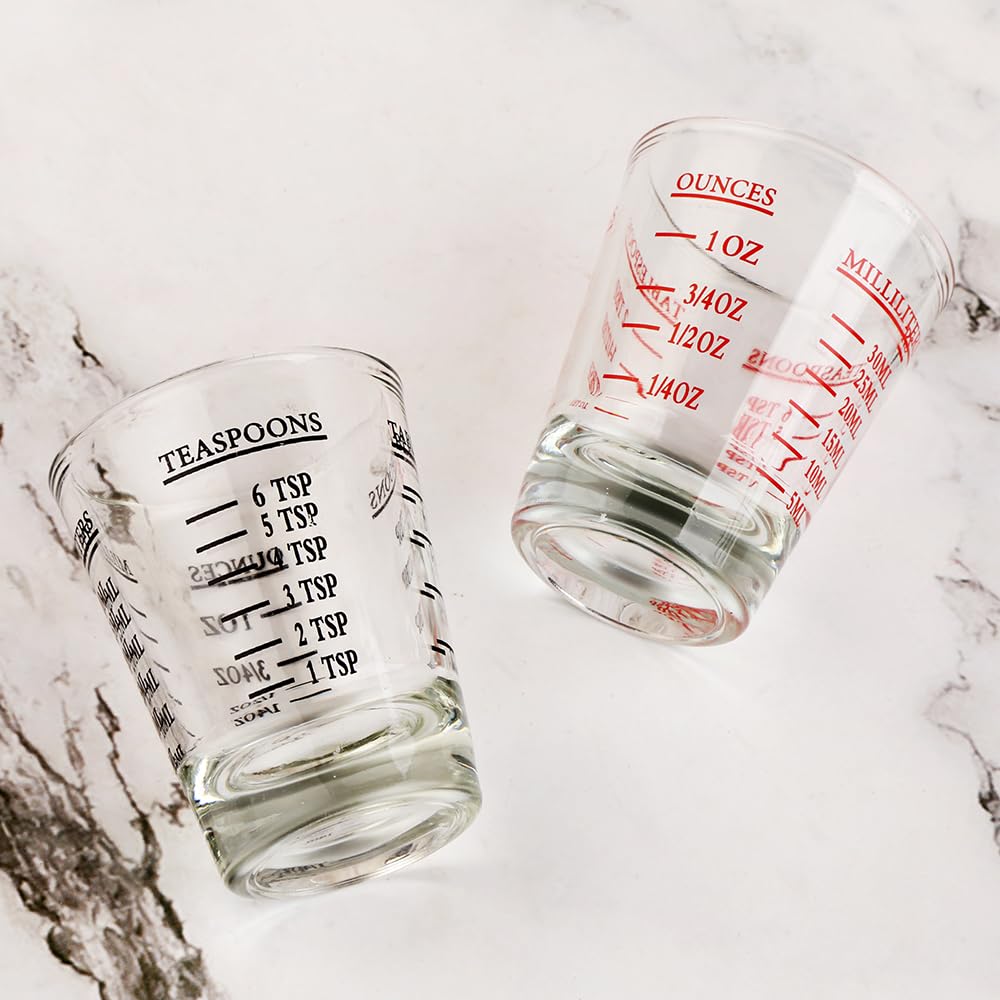 BTGLLAS Set of 2 Shot Glasses - Heavy Glass, Perfect for Measuring Espresso, Wine, and More 26-Incremental Measurement 1oz, 6 Tsp, 2 Tbs, 30ml (2, Red+Black)