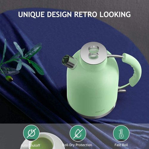 ASCOT Electric Kettle, Stainless Steel Tea Boiler 1.6qt 1500W Retro Tea Heater & Boiling Kettle, Auto Shut-Off and Boil-Dry Protection(Matte Green)