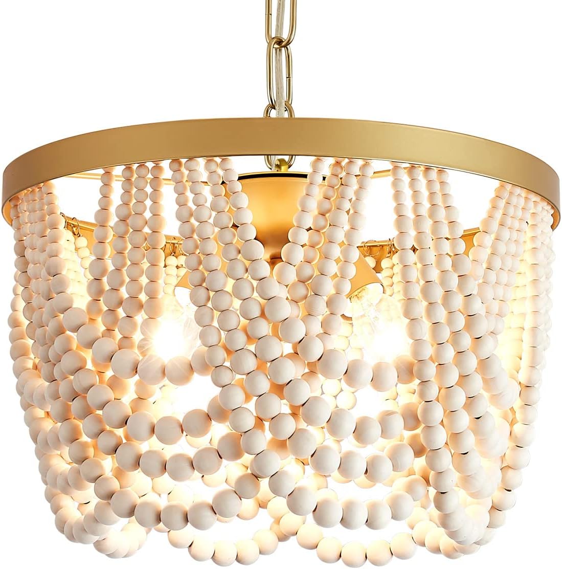 Farmhouse Boho Flush Mount Ceiling Light,3-Light Wood Bead Chandeliers,Black Metal Bohemia Hanging Pendant Lighting,Small Chandelier for Bedroom,Living Room,Entryway,Hallway
