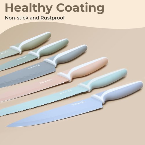 DiiHAUZZ Knife Set, 12 Pieces Kitchen Knives Set with Healthy Non-Stick Coating, Dishwasher Safe Anti-Rust Stainless Steel Knives with 6 Blade Guards, Ergonomic Handles, Ideal Gift Set