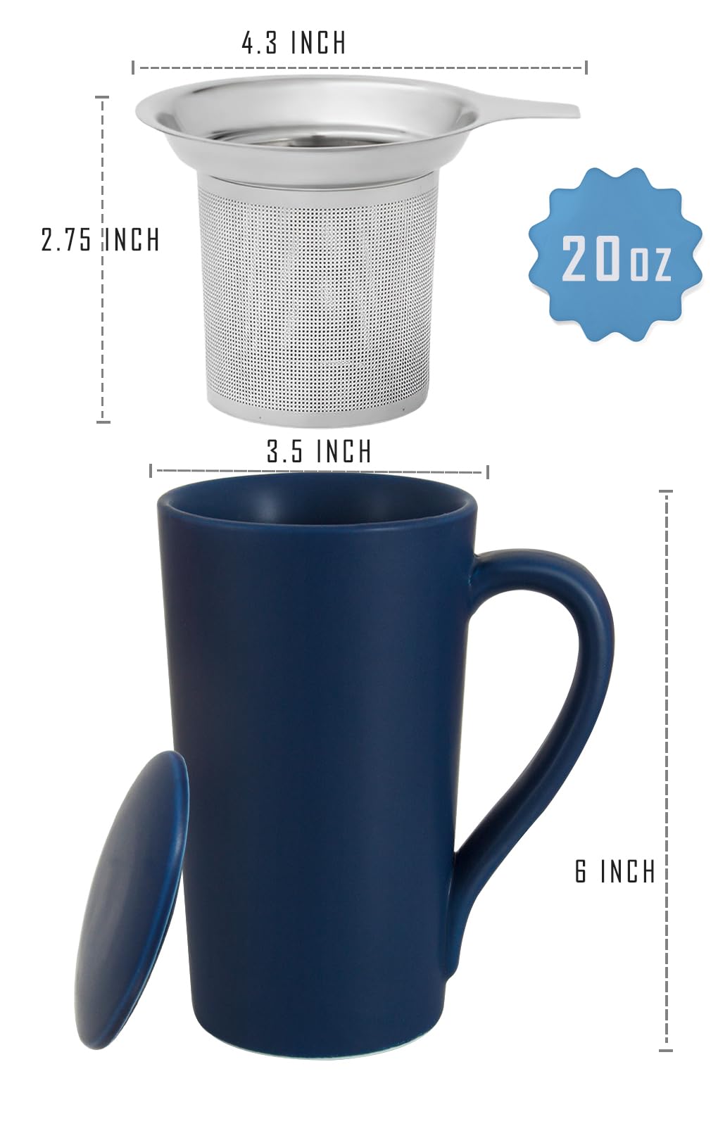 YINUOWEI Tea Cup with Infuser and Lid, 20oz Tea Mug with Handle, Dishwasher and Microwave Safe, Ceramic Strainer Cup Gifts for Steeping Loose Leaf tea Lovers, Blue