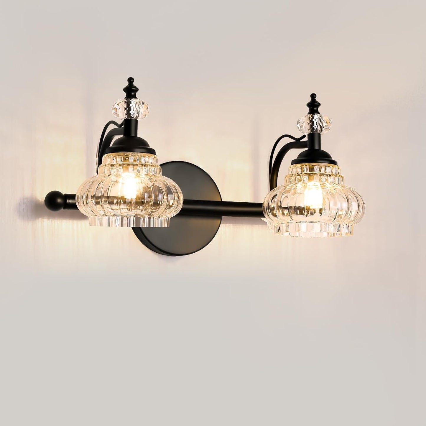 Bathroom Vanity Light Fixtures Over Mirror, Matte Black Vintage Glass Crystal Bathroom Vanity Lighting Fixtures, 2 Lights Wall Sconce for Bathroom Bedroom Kitchen Living Room Dressing Room