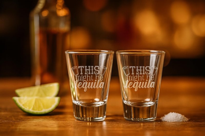 Hat Shark Funny Shot Drink Quote - Shot Glass Sets, 1.75oz Laser Etched Engraving Glassware Gift For Home Bar, Men, Women, Birthdays, or Decor (This Might Be Tequila (SET OF 2))