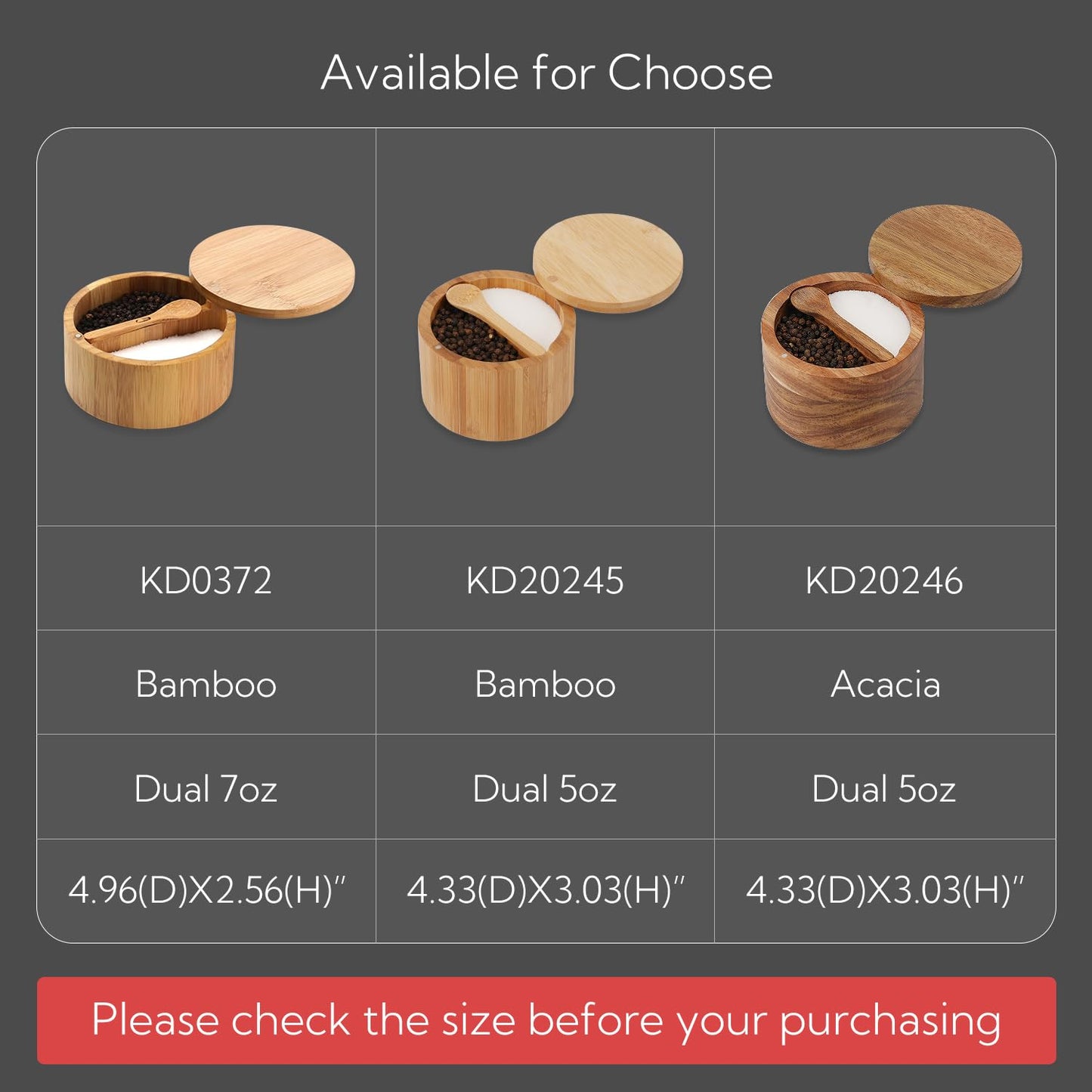 KITCHENDAO Bamboo Salt and Pepper Bowl Box Cellar Container Divided, Built-in Serving Spoon to Avoid Dust, Swivel Lid to Keep Dry, Sea Salt Spice Seasoning Keeper Holder, Dual 7 Ounce Capacity