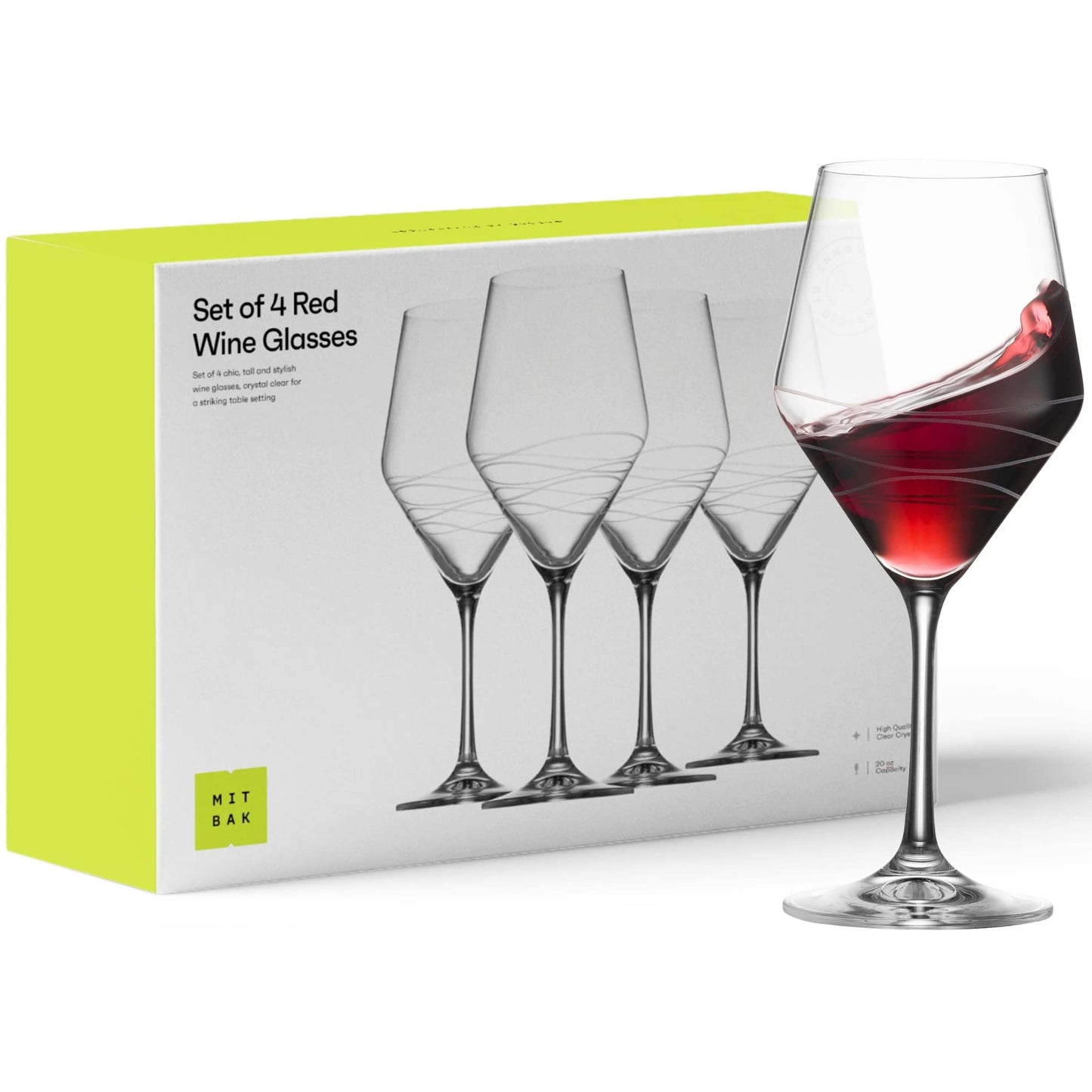 MITBAK Red Wine Glasses Set Of 4 | Chic Long Stem 20 Ounce Wine Glass Set Made From Crystal Clear Glass | Great Wine Gift For Wedding, Anniversary, Christmas, Birthday | Made In Europe
