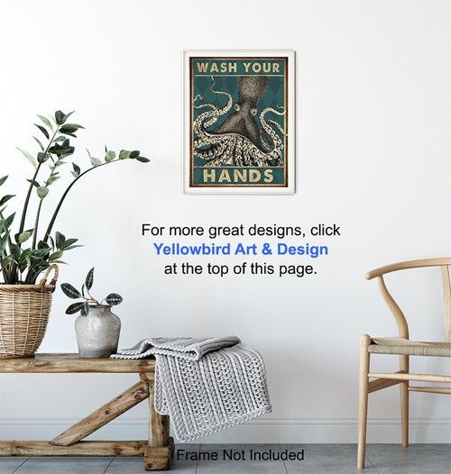 Beach Coastal Nautical Bathroom Wall Art - Octopus Wash Your Hands Sign | 11x14 Cute Decor