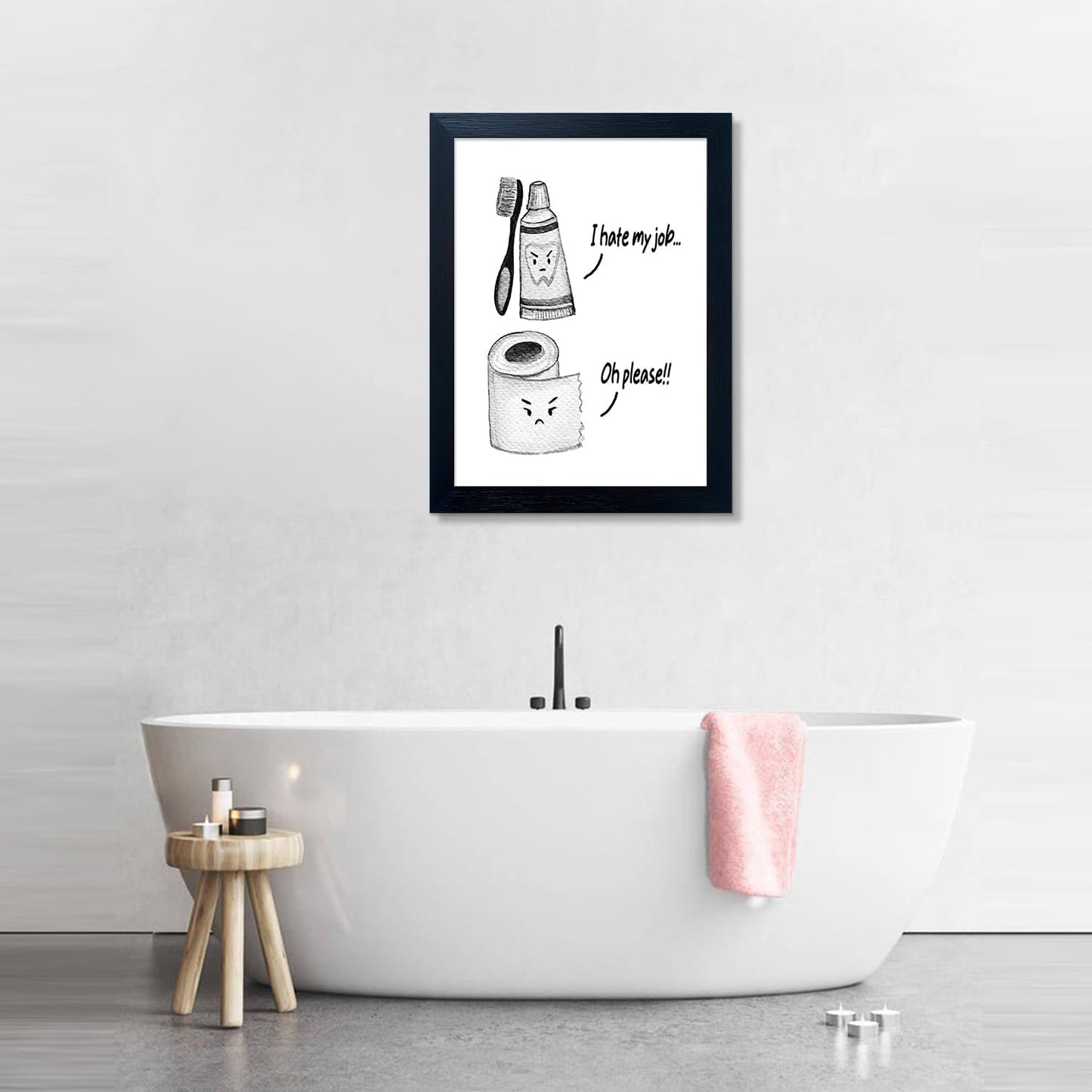Skiennix Kids Bathroom Decor - Cute Framed Canvas Wall Art | Funny Black and White Design for Guest Restroom