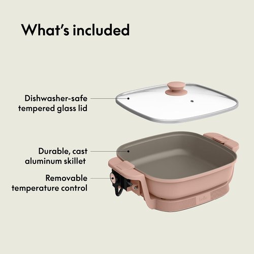 Bella Make & Take Electric Skillet - Adjustable Temperature, Dishwasher-Safe Lid, 1200W, Blossom Color