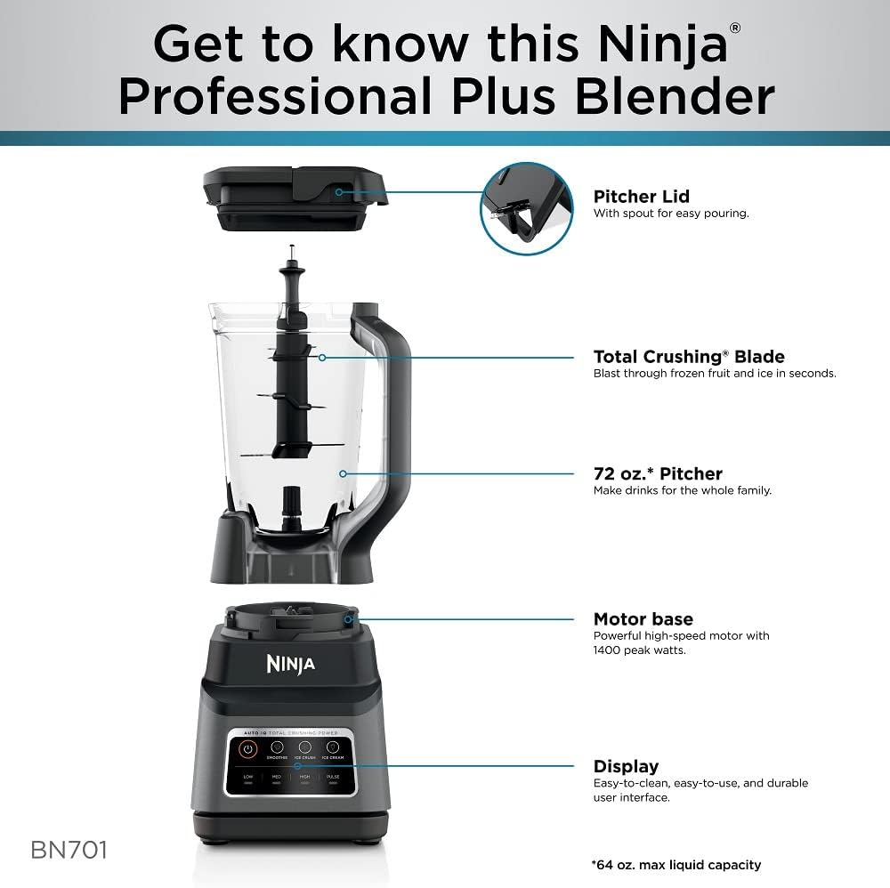 Ninja Professional Plus Blender - Powerful Smoothie & Frozen Drink Maker | 1400W, 72oz Pitcher | Dark Grey, 3 Auto IQ™ Presets