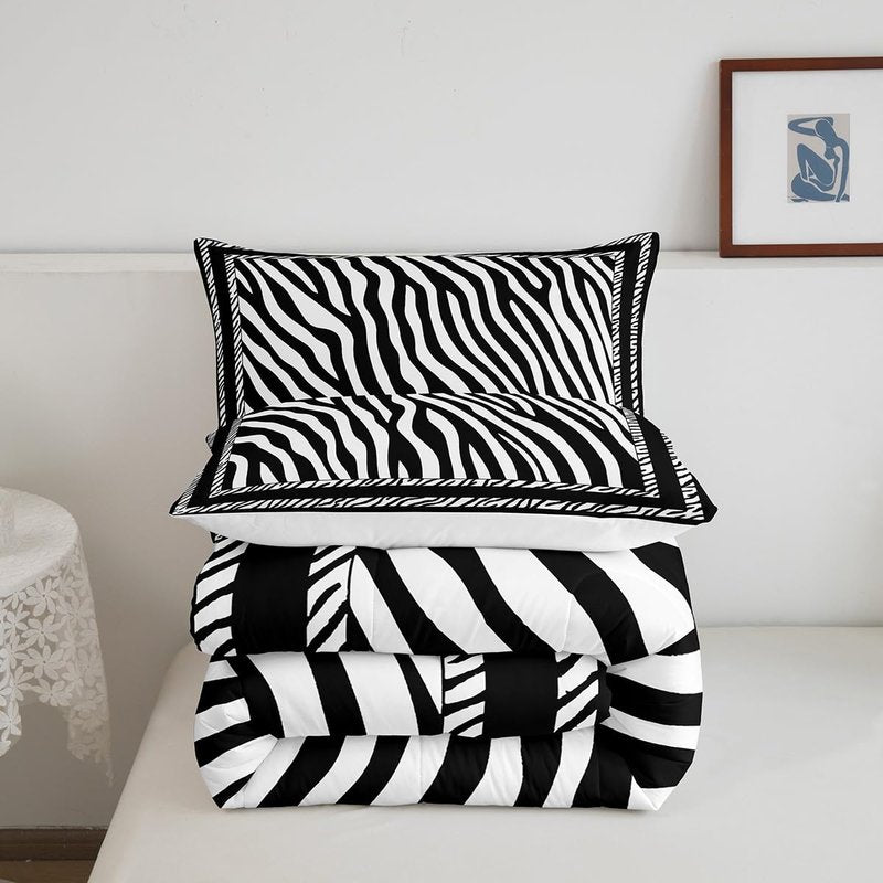 Manfei Zebra Print Comforter Set King Size, Wild Animal Skin Print Bedding Set 3pcs for Kids Boys Girls Bedroom Decor, Black and White Quilt Set Soft Polyester Duvet Set with 2 Pillowcases