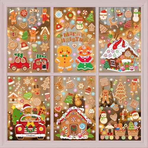 XZENTIRA 288 PCS Gingerbread Window Clings Christmas Party Decorations Gingerbread House Window Stickers for Home Window Glass Display Decorations Winter Window Stickers 9 Sheets