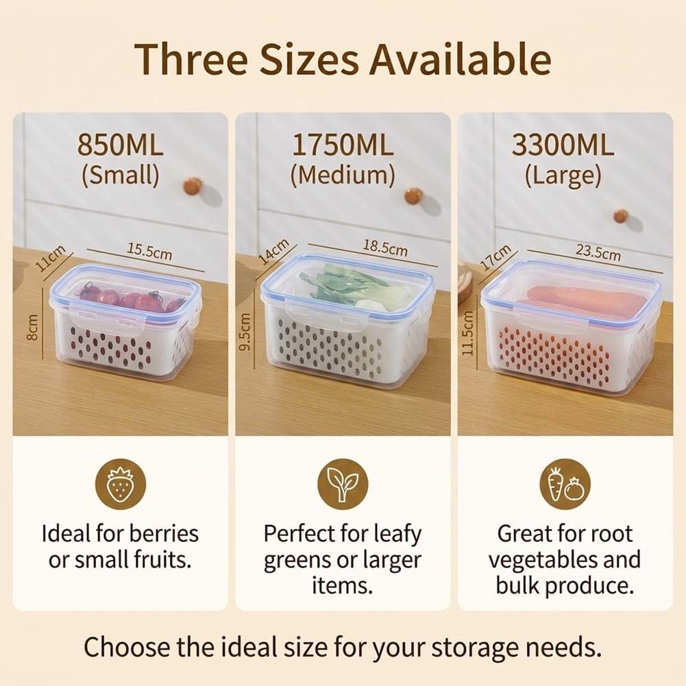 Skiennix 4-in-1 Food Storage Containers - Transparent Plastic with Lids & Drain Basket | Gray (S, M, L)