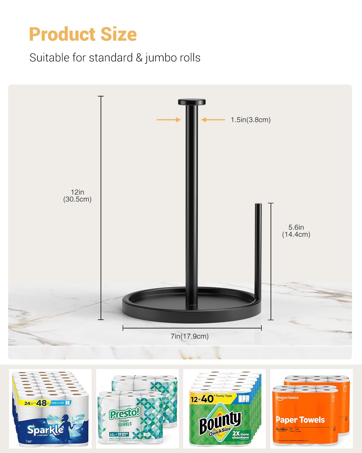 Swaitee Paper Towel Holder Countertop, Anti Slip Base, Black, Freestanding Paper Towel Roll Stand with Weighted Base for Kitchen Bathroom