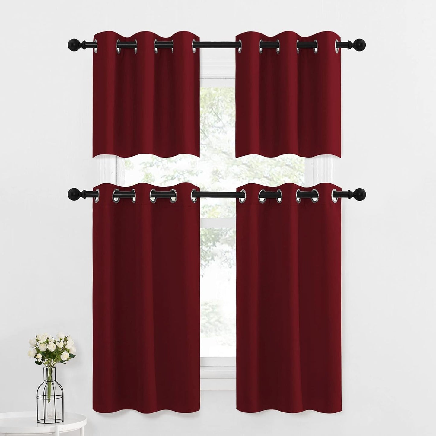Thermal Insulated Blackout Kitchen Curtains for Small Windows - Burgundy Tiers (29x36 inches)
