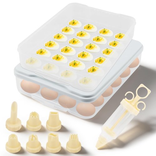 Deviled Egg Containers with Lid & Handle, (Set of 2),Plastic Deviled Egg Carrier for 48 Eggs, Clear Stackable Storage Tray for Eggs, Cookies - Portable Platter for Picnic, Party