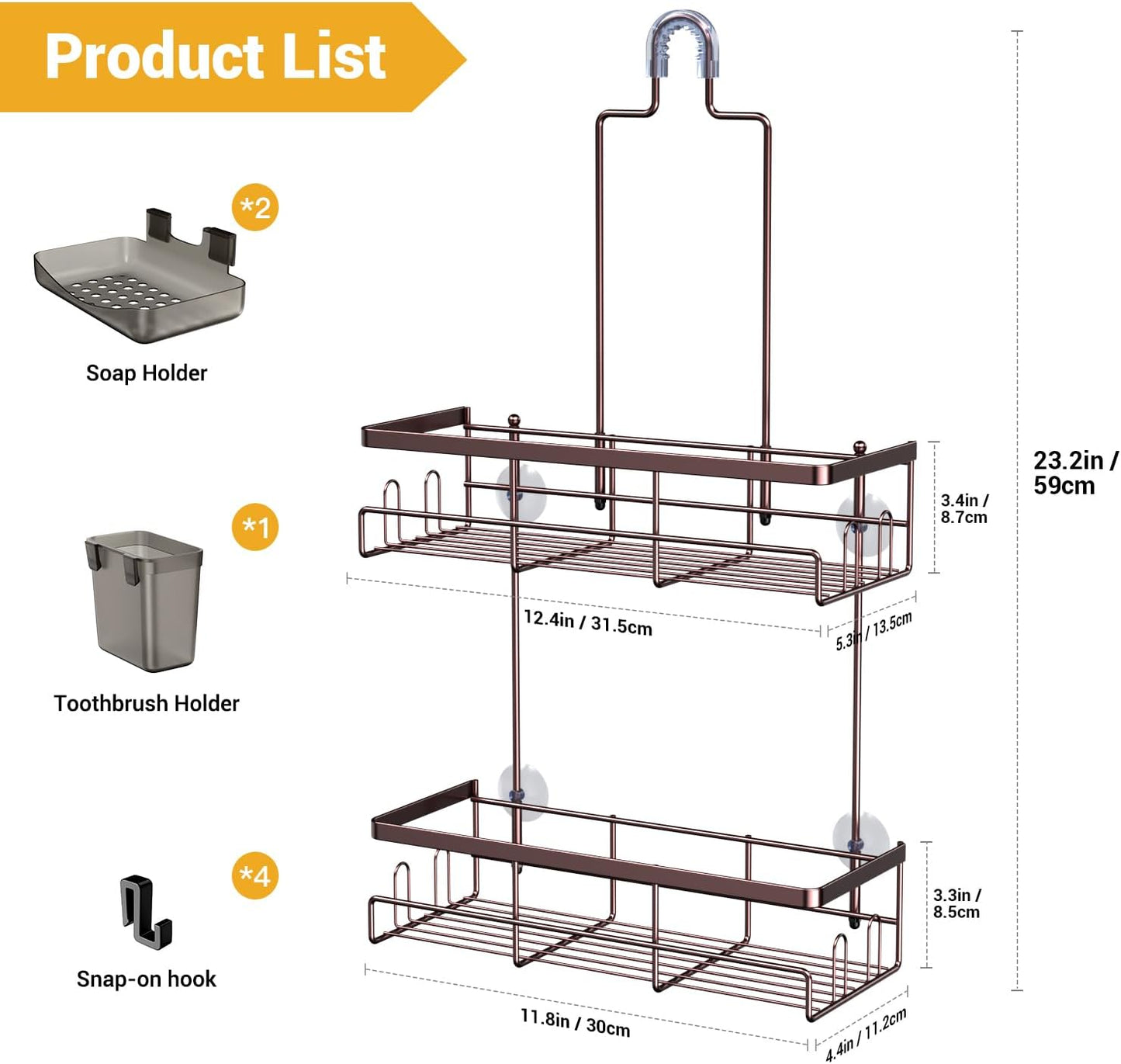 AKTECKE Shower Caddy | Rustproof Hanging Bathroom Organizer - No Drilling, Over Showerhead - Bronze