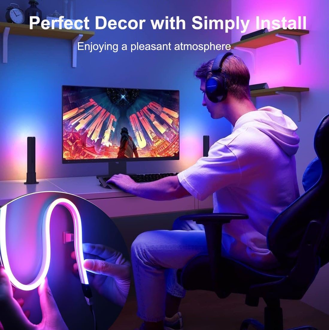 iNextStation RGB Smart IC Neon Rope Lights, 16.4ft LED Neon Flex with Power Adapter, Dynamic LED Strip Lights for Bedroom Gaming Room Wall Decor, Support Cutting, Music Sync, Smart APP Control