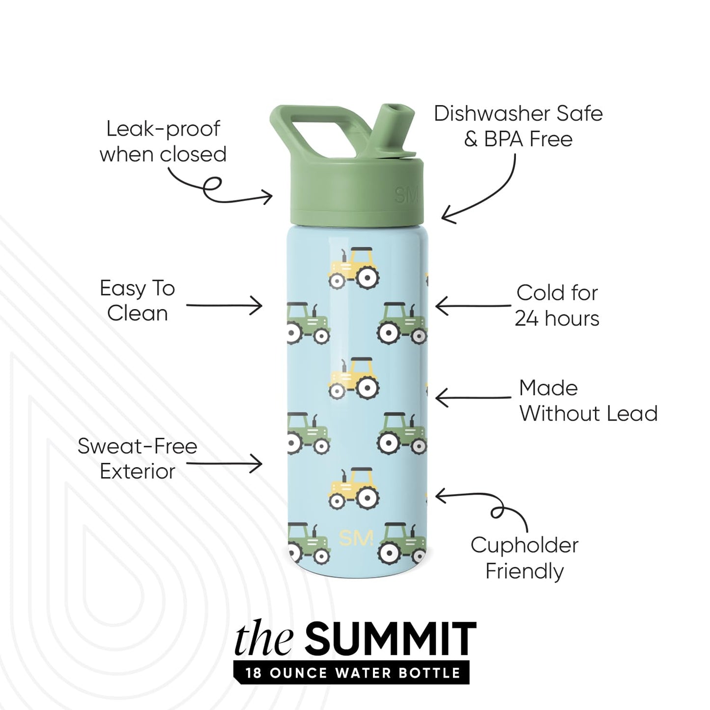 Simple Modern Kids Summit Water Bottle with Straw Lid | 18oz Stainless Steel Cup Insulated Tumbler for Toddlers, School | Tractor Fun