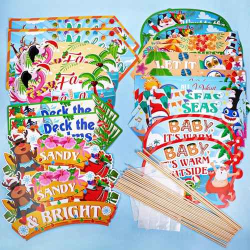 HOWAF 20pcs Funny Tropical Christmas Party Sign, Hawaii Christmas Decoration Directional Sign, Beach Santa Holiday Party Photo Booth Props Kit, Beach Santa Holiday Party Sign with Wood Sticks