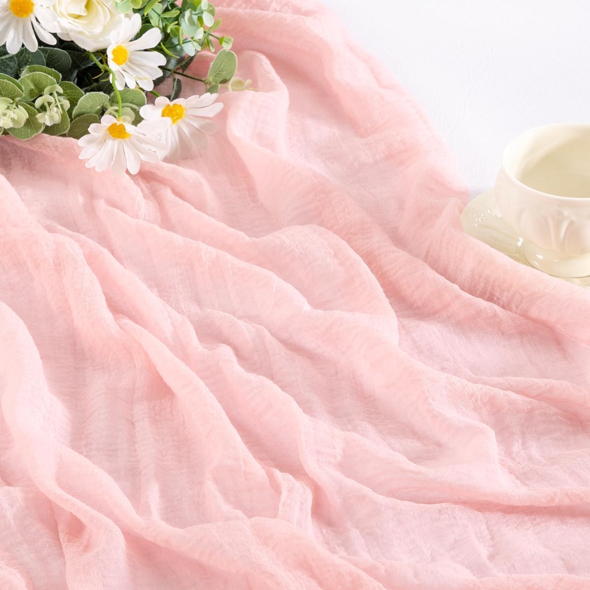Santaben Blush Pink Cheese Cloth Table Runner Mother's Day Spring 120 Inch Soft Rustic Boho Gauze Cheesecloth Table Runner 10FT for Wedding Birthday Party Baby Shower Home Decoration