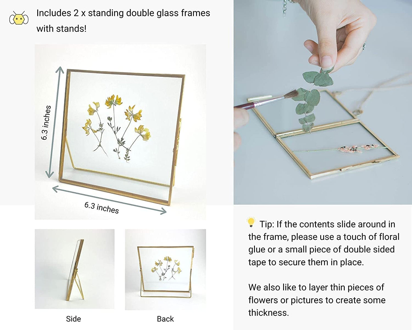 Beedecor Double Glass Frame for Pressed Flowers, Leaf and Artwork,Gold 6x6 Standing Square Metal Picture Frames, Set of 2 Pressed Flower Frames with Stand (Gold, 6x6)